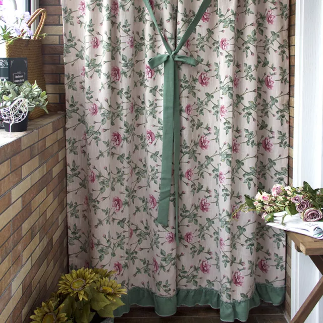 Rose Country Flower Cotton Linen Curtain Coffee Door Tie Curtains Short Curtains 2