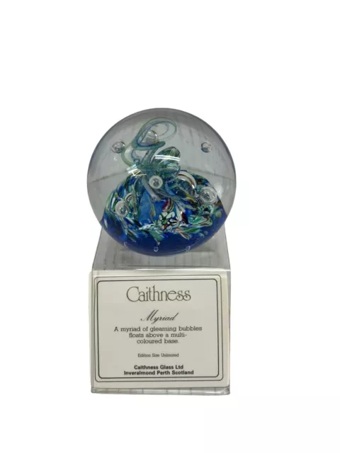 Caithness Myriad Paperweight Clear Glass Blue Swirl Controlled Bubbles Scotland