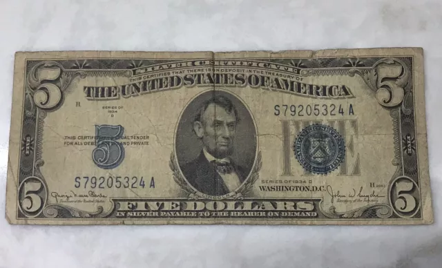 1934 D Five Dollar Blue Seal Silver Certificate S 79205324 A