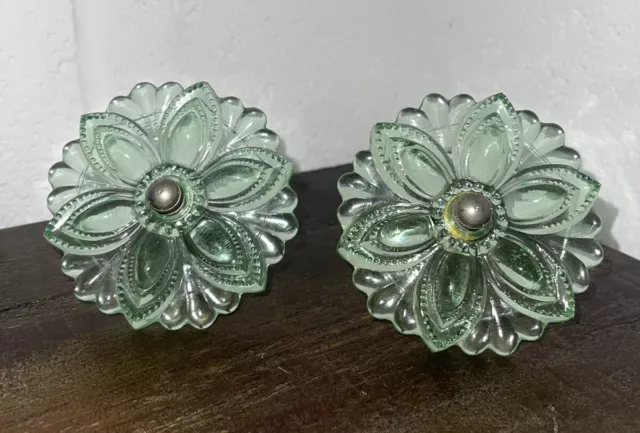 Pair of Uranium Vaseline Glass Flower Curtain Tie Backs with Hardware RARE
