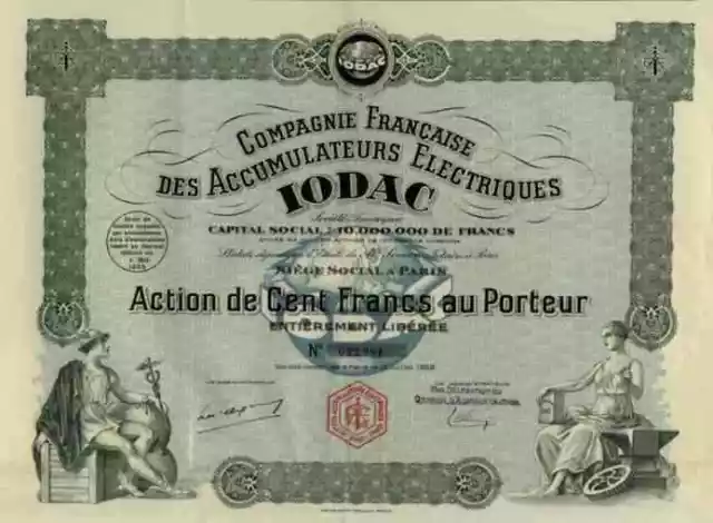 Compagnie Francaise Accumulateurs Electriques 1928 IODAC Titres Anciens 100 Fr.