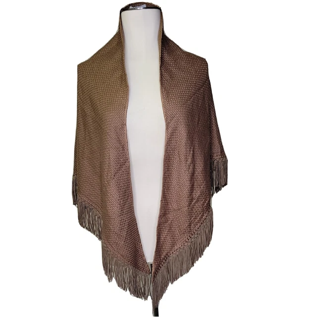 Bajra Handmade Brown Cashmere Silk Fringe Basketweave Shawl Scarf Triangular Bajra Handmade Brown Cashmere Silk Fringe Basketweave Shawl Scarf Triangular