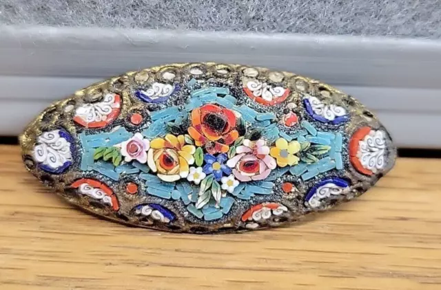 Vintage Victorian ITALY Vibrant Flower Micro Mosaic Tile Long Bar Brooch Pin