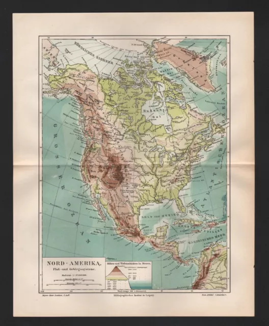 Landkarte map 1894: NORD-AMERIKA. Fluß-Gebirgs-Systeme. Politische Übersicht.