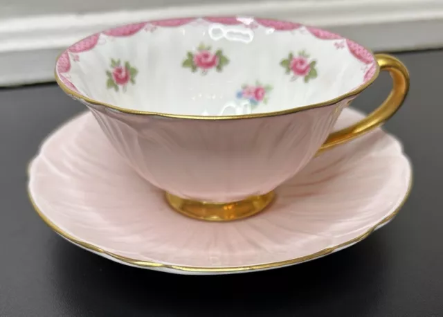 Shelley Pink Oleander Scalloped Roses Tea Cup Saucer Set  Bone China England