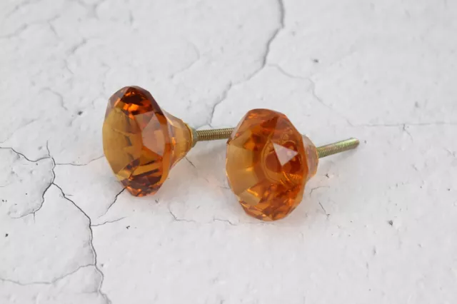 Set of 2 Amber Glass Door Knobs - Fine Hand-Cut Diamond Shape, Victorian Design