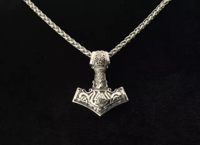 Large 925 Sterling Silver Viking Norse Thor's Hammer Mjolnir Pendant Chain