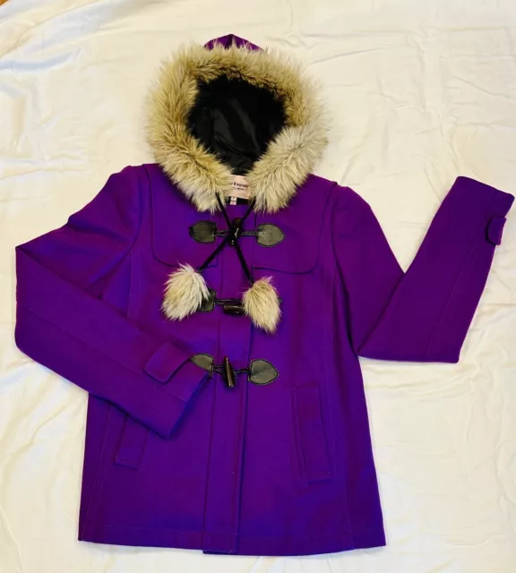 Juicy Couture Purple Wool Blend Pom Pom Faux Fur Hood Warm Coat Womens Sz S