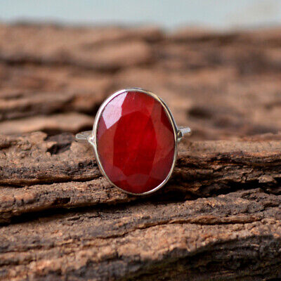 Natural Oval Faceted Red Ruby Gemstone 925 Sterling Silver July Birthstone Ring