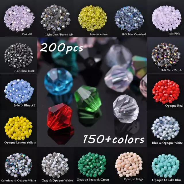 ( 145 Colors ) 200pcs 4mm Bicone Faceted Crystal Glass Loose Spacer Beads