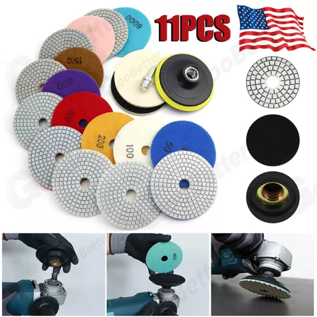 11Pcs 4 inch 100mm Diamond Polishing Pads Kit Wet/Dry for Granite Stone Concrete