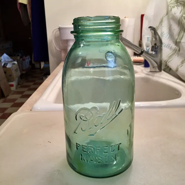 Odd Green Tinted Olive Streaks Ball Perfect Mason 1/2 Gal Fruit Canning Jar 1910