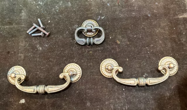 3 VTG Brass Gold Drawer Cabinet Door Pulls Brass Art Deco Hollywood Regency 1365