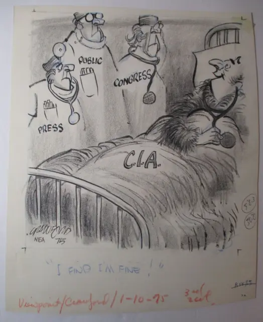 1975 Original Art BILL CRAWFORD Political Cartoon C.I.A. Press CONGRESS Hospital