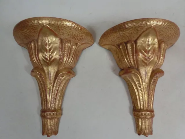 Pair Gold Gilded Art Deco Noveau Leaf Wall Bracket Shelves - French Interest