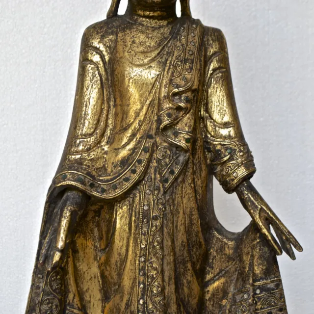 19th Century Burmese Mandalay Standing Buddha Statue Gold Gilded w/ Glass Inlaid 3