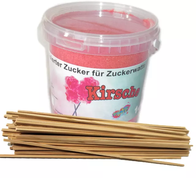 1Kg Farbaromazucker Kirsche+ 50 Zuckerwattestäbchen für Zuckerwatte Dekozucker