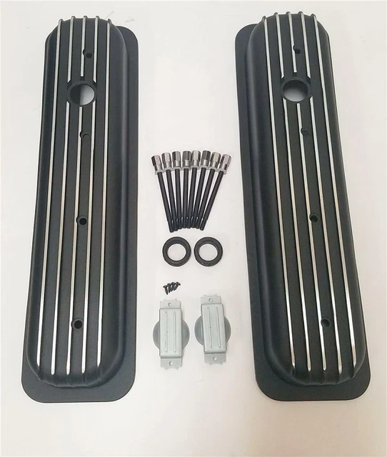 Small Block Chevy Short Style Finned BLACK Valve Covers Retro Vortec 5.0 5.7 350