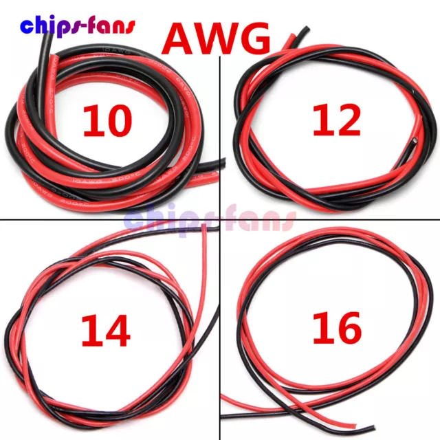 10/12/14/16 AWG Gauge Wire Flexible Silicone Copper  Black Red 2M Cables For RC