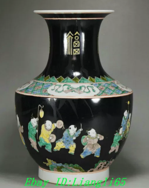 14" China DaQing Kangxi Schwarzgold Glasur Farbe Porzellan Tongzi Vase Flasche 2