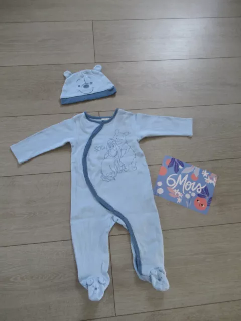 bébé garçon 1 pyjama en coton bleu Winnie l'ourson disney + bonnet Taille 6 mois