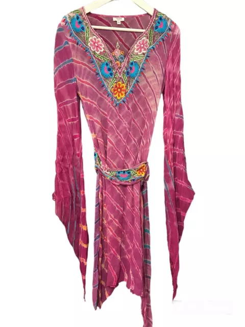 TASHIA LONDON EMBROIDERED Silk Dress Kaftan Size Small Sheer Pink Boho ...