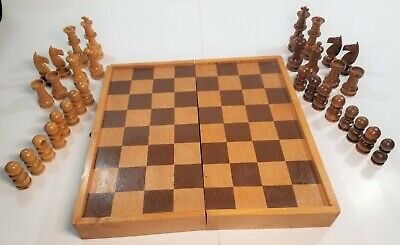 Vintage Chess Set Wood Handmade Hand Carved Pieces Folding Box Unique 13x13  A10