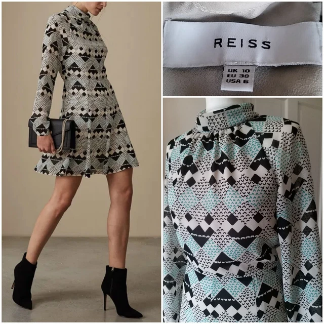 REISS SIZE 10 Ardelle Geo Print Long Sleeve High Neck Fit Flare Mini Dress 35.00 PicClick UK