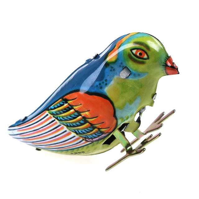 WIND UP CLOCKWORK pecking song blue bird magpie tin toy vintage retro