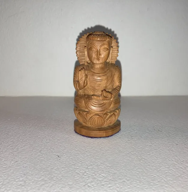 Wooden Lord Buddha Statue 3" Inches Sitting on Lotus, Hand Carved God Sculpture