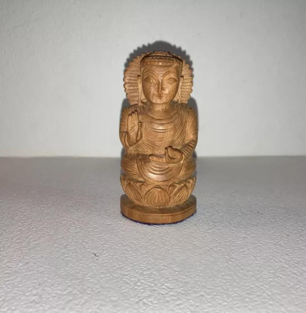 Wooden Lord Buddha Statue 3" Inches Sitting on Lotus, Hand Carved God Sculpture