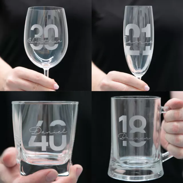 Birthday Personalised Name Scotch Wine Champagne Beer Glass 18th 21st 30th 40th