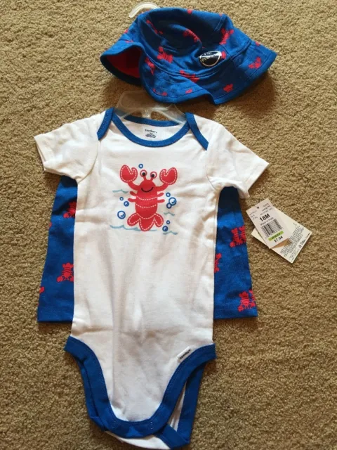 NWT Gerber Infant Baby boys 3 piece Summer Outfit Onesie, Shorts & Hat 18 month
