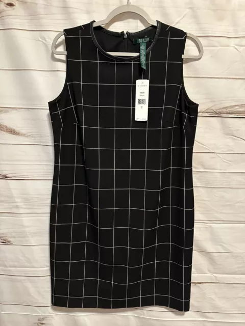 NWT RALPH LAUREN Sleeveless Leather trim Sheath Dress Black/white plaid Size 10