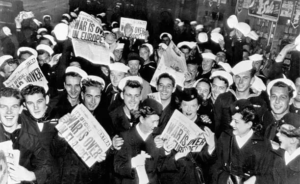 Crowd Of Us Navy Sailors And Waves Celebrate The Surrender Of Germany Old Photo