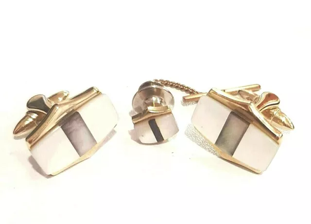 Vintage Mother Of Pearl Cufflinks & Tie Pin Gold Tone Setting  Men's Jewellery