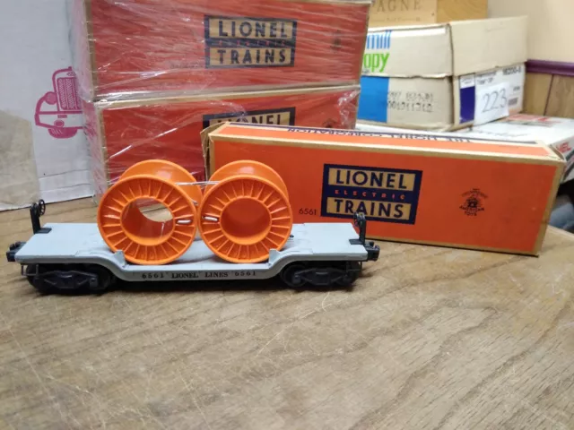 Vtg Lionel Lines O Gauge No 6561 Cable Flat Car w/Reels Great Shape Original Box