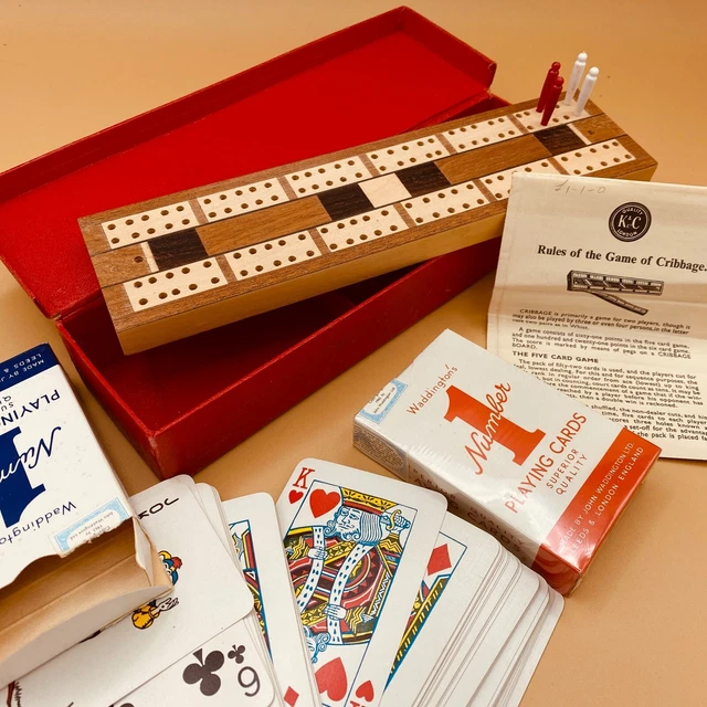 WOODEN CRIBBAGE BOARD & Playing Cards Vintage Traditional Card Game Set