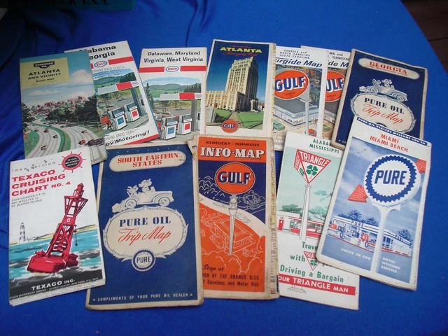 12 Vintage GAS STATION FOLD OUT MAPS~1950's and 1960's~Pure, Triangle, Enco