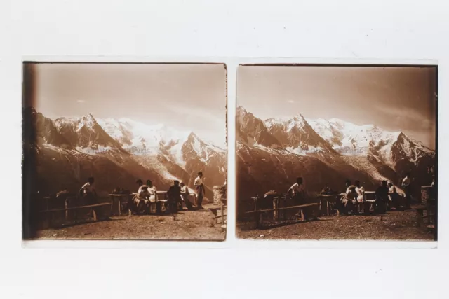 Montagne Neige Vacances France Suisse Photo Stereo Plaque de verre Vintage