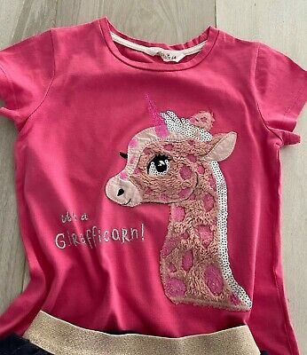 OLLIE'S PLACE girls summer outfit set pink unicorn giraffe top+navy skirt size 4 3