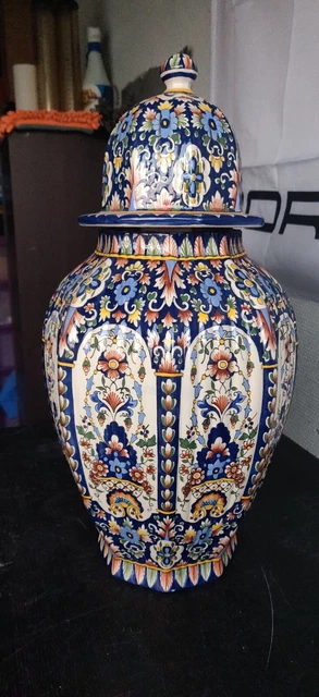 Grand Vase Céramique Bleu Brillant à Fleurs Blanches - Haut 32 Cm - Style Chinois - Neuf