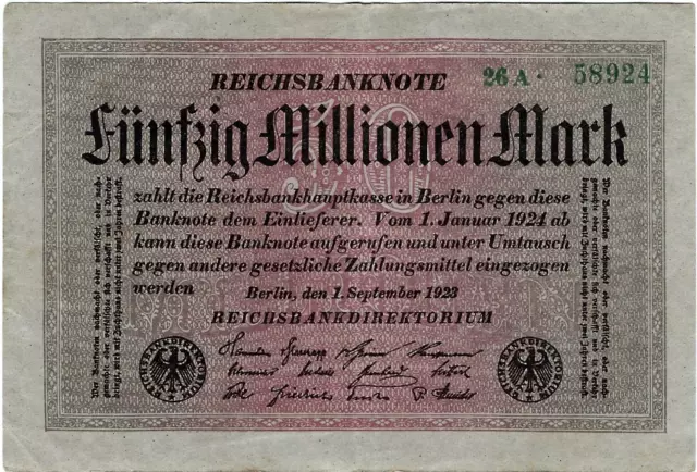 Reichsbanknote 50 Millionen Mark 1923 Reichsbank DEU-122a Ro.108a P-109 SELTEN