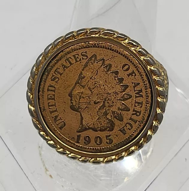 Man's vintage gold tone ring with Indian Head Penny, sz.8.5