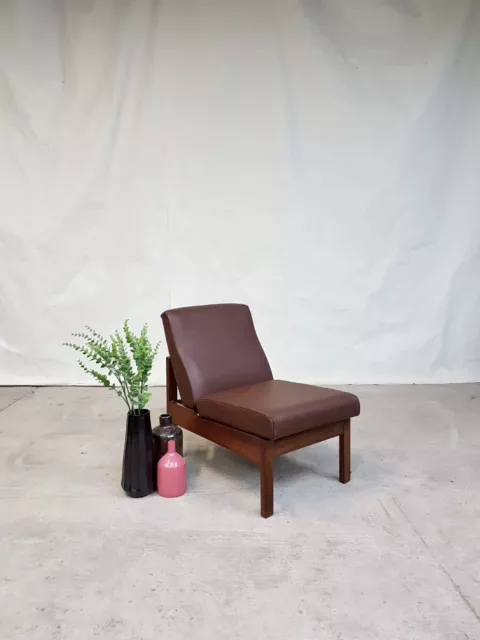 Vtg Mid Century 60s Teak Leather Low Lounge Chair Danish Design Retro #110