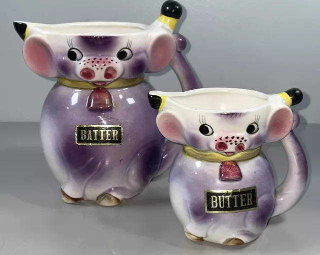 Vintage Purple Cow Ceramic Anthropomorphic Kitschy Batter/Butter Pitchers Japan