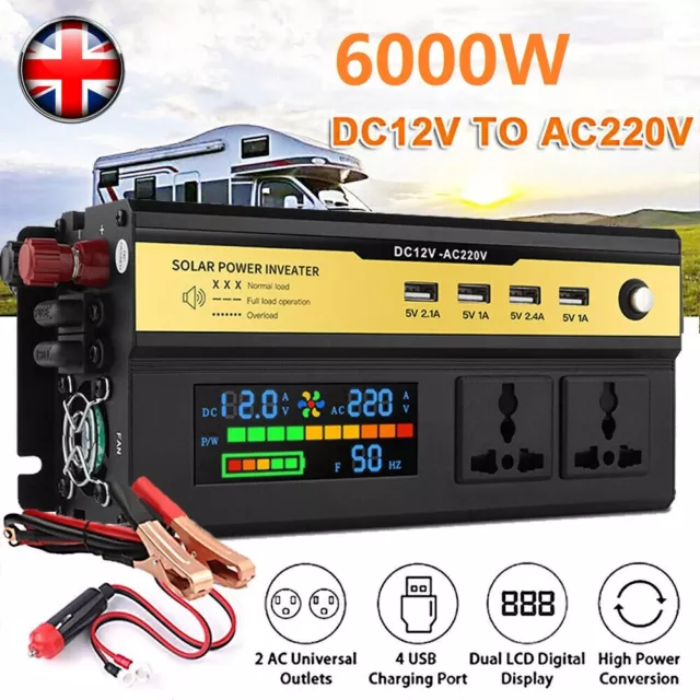 6000W Peak 3000W Pure Sine Wave Power Inverter DC 12V to AC 230V USB Car RV Trip