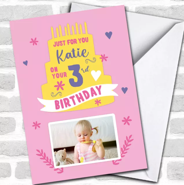 3rd Birthday Girl Yellow Pink Cake Photo Personalised Birthday Card