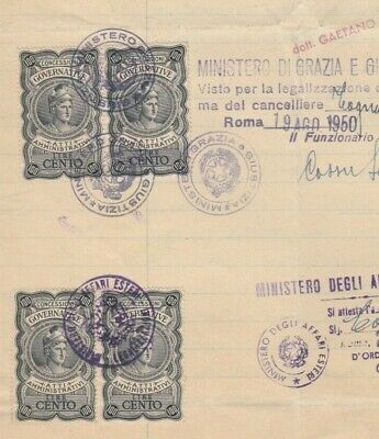 ITALY Rare High Value Consular Revenues 4X100L Tied Paid Stamped Doc. Roma 1950