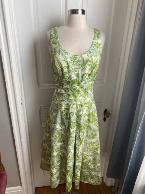 Lis Claiborne 100% Cotton  Green, Blue Florals On Ivory Fit & Flare Dress-Size10